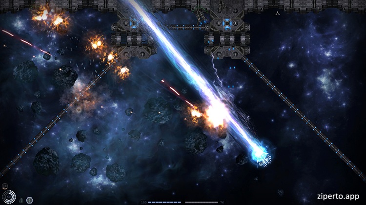 STELLATUM 2026 fighting enemy ships with rockets across a futuristic space battlefield.