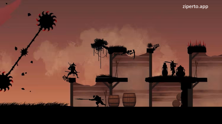 Shadow Samurai Revenge 2026 featuring battling enemies in a dangerous 2D platforming environment.