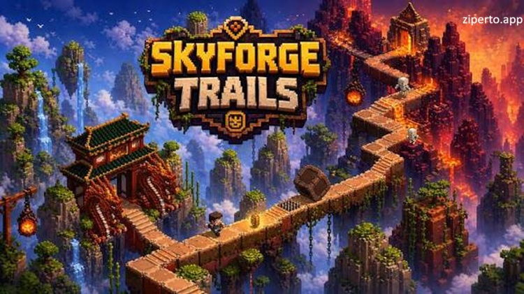 Skyforge Trails 2026 with floating islands, pixel-art scenery, puzzles and magical sky paths.