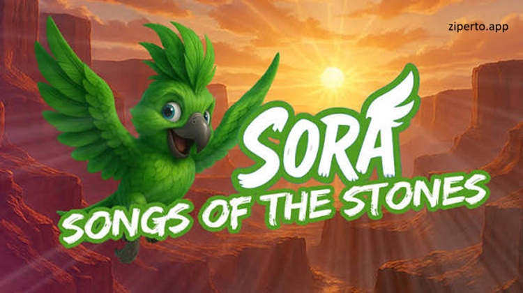 Sora – Songs of the Stone 2026 parrot flying through ancient stone landscapes.