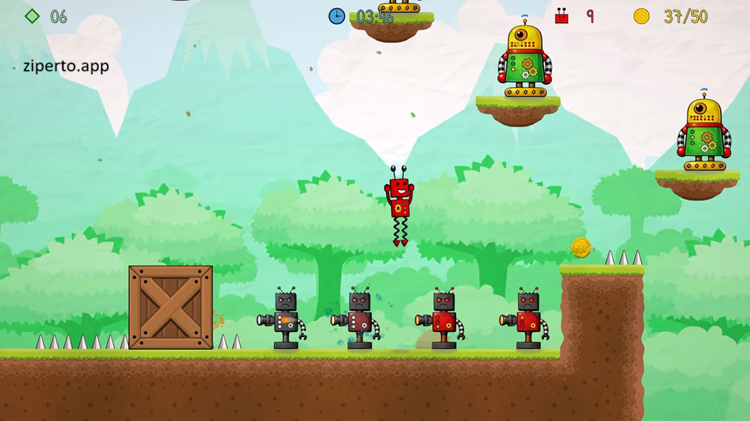 Springbot: The Last Spark 2026 featuring spring-powered movement, enemies and colorful levels.