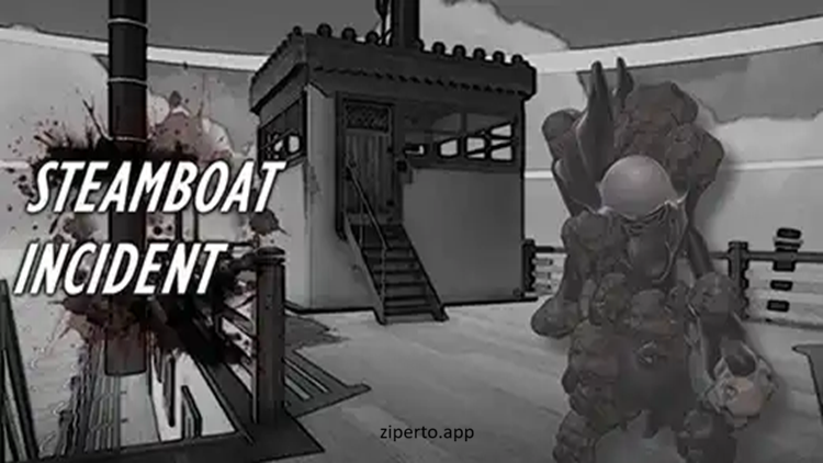 Steamboat Incident 2026 featuring a dark steamboat interior with a creature lurking through a narrow corridor.