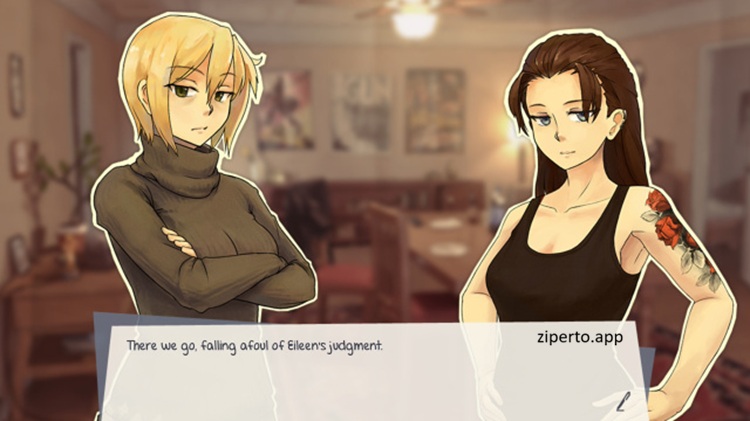 Twofold: First Snow 2026 visual novel scene with Allison and Eileen.