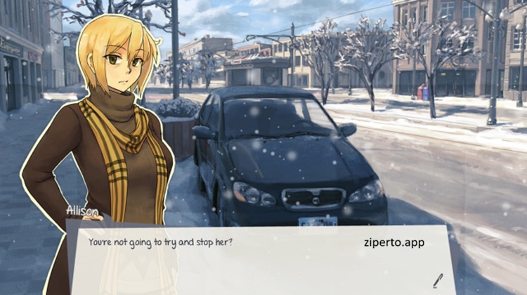 Twofold: First Snow 2026 visual novel scene with Allison and Eileen.