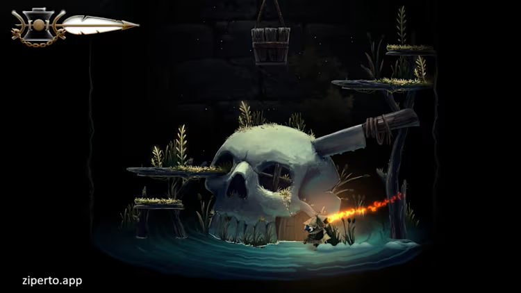 Well Dweller 2026 featuring a tiny bird with a matchstick exploring a dark fairy-tale kingdom.