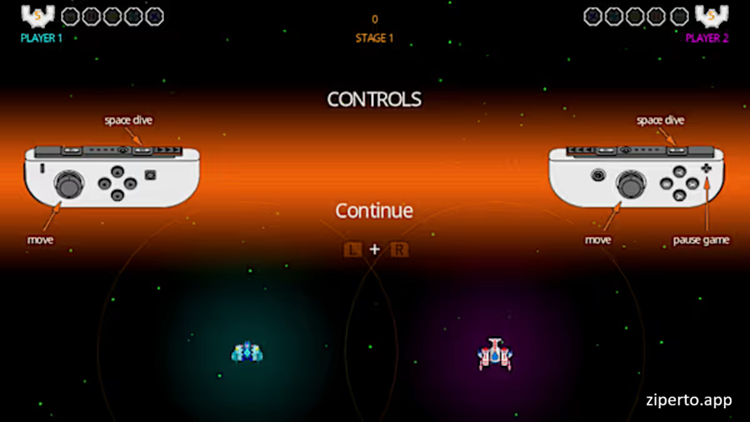 Zotrix Starglider 2026 spaceship battling colorful alien enemies in an arcade space shooter.