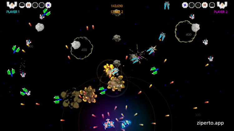 Zotrix Starglider 2026 spaceship battling colorful alien enemies in an arcade space shooter.