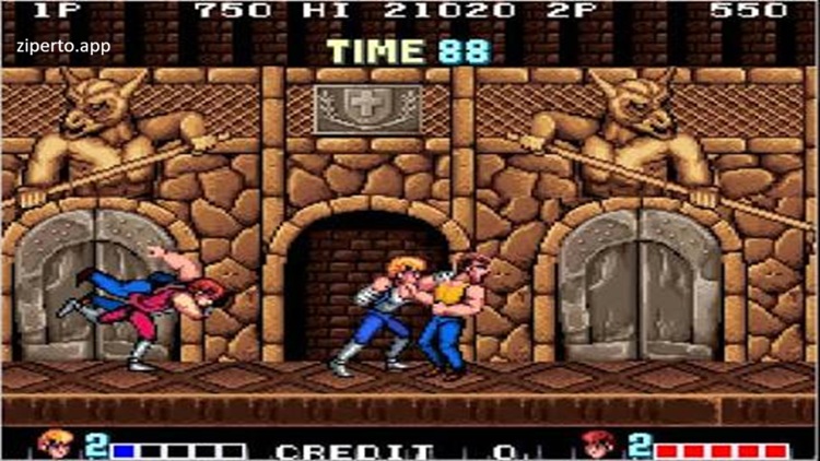 Arcade Archives: Double Dragon 2026 showing fighting gang members in pixel-art streets.