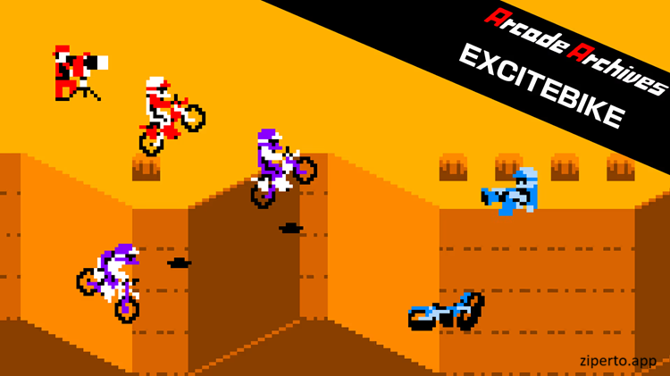 Arcade Archives EXCITEBIKE 2026 showing a motocross motorcycle jumping over track obstacles.