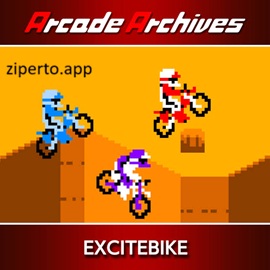 Arcade Archives EXCITEBIKE 2026 showing a motocross motorcycle jumping over track obstacles.