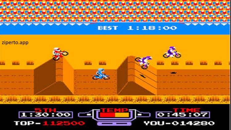 Arcade Archives EXCITEBIKE 2026 showing a motocross motorcycle jumping over track obstacles.