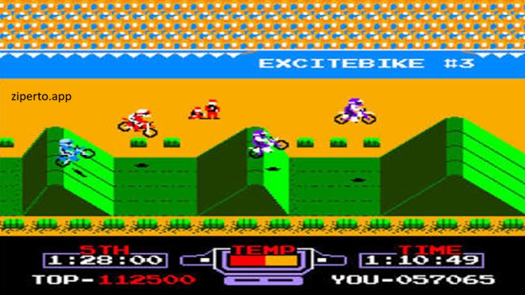 Arcade Archives EXCITEBIKE 2026 showing a motocross motorcycle jumping over track obstacles.