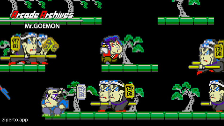 Arcade Archives Mr. GOEMON 2026 character fighting enemies in a classic arcade setting.