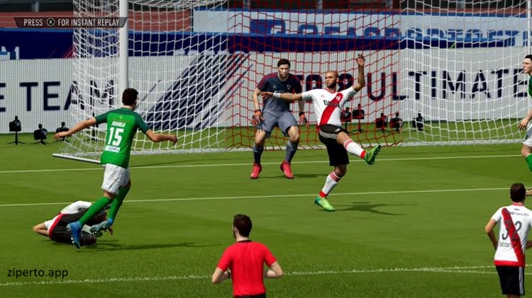 FIFA 18 features football teams competing on a pitch with realistic kits and match action.