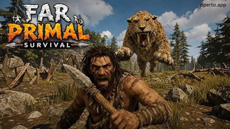 Far Primal Survival 2026 showing hunter tracking wild animals through a rugged natural environment.