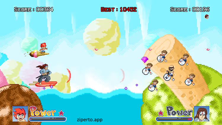 Ice Cream Surfer 2026 featuring dessert heroes firing projectiles at enemies.