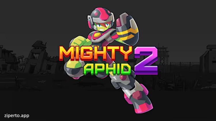Mighty Aphid 2 2026 hero fighting enemies across colorful pixel-art platforming stages.