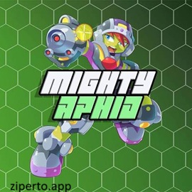 Mighty Aphid 2026 hero battling robotic enemies in a colorful retro platformer.