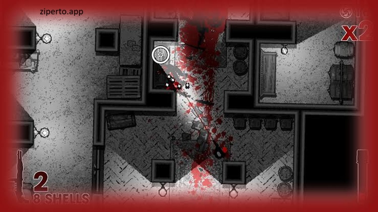 OTXO 2026 protagonist fighting armed enemies inside a mansion in a top-down shooter.