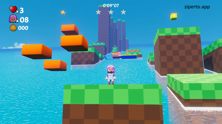 Purple Explorer 2026 girl collecting stars and coins in jumping across 3D platforming levels.