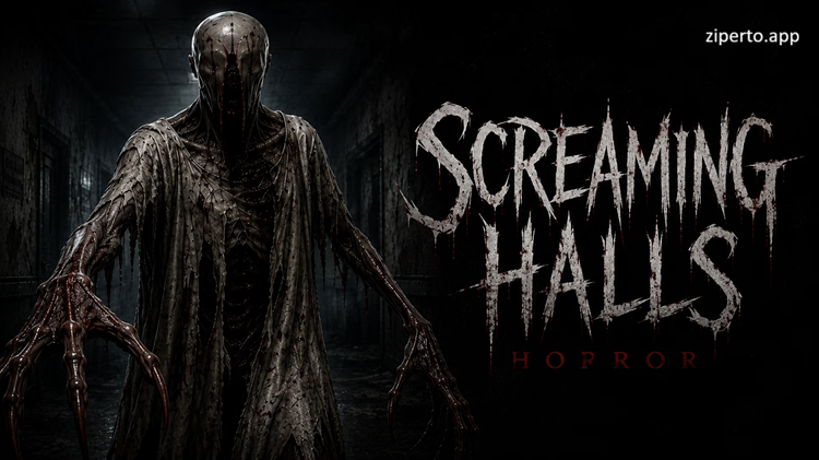 Screaming Halls: Horror 2026 features scene inside a dark building.