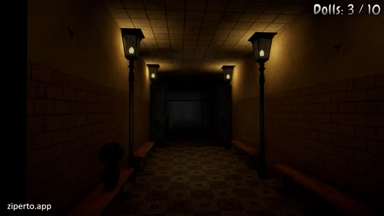 Screaming Halls: Horror 2026 features scene inside a dark building.