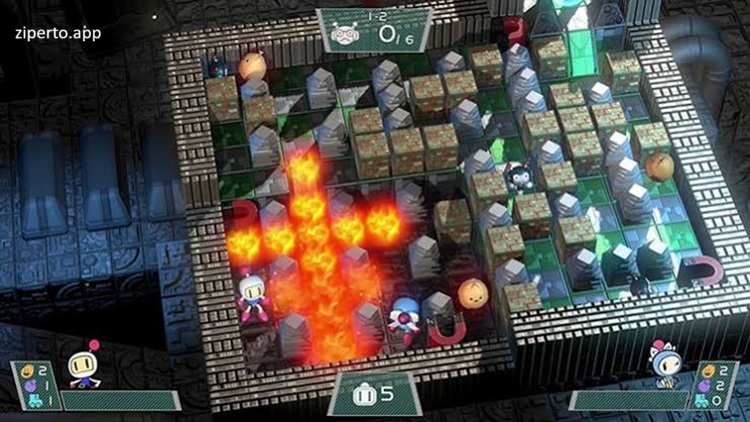 Super Bomberman R 2026 characters placing bombs in a battle arena.