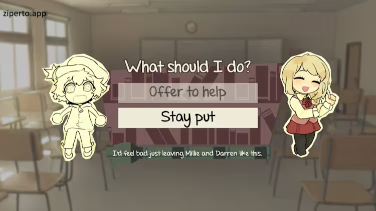 Twofold 2026 characters talking during a college visual novel scene.