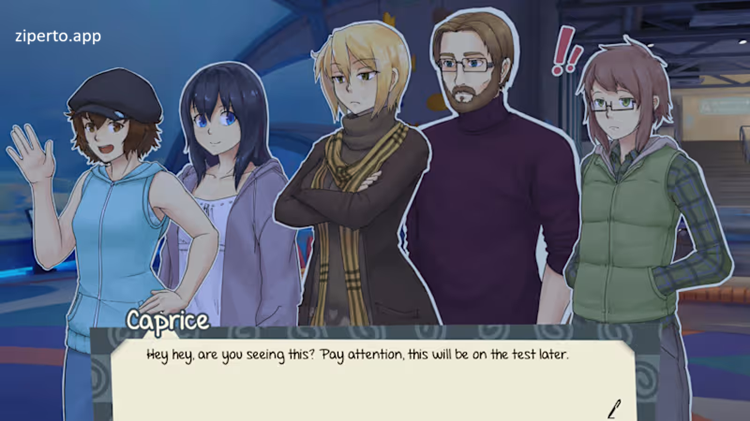 Twofold 2026 characters talking during a college visual novel scene.
