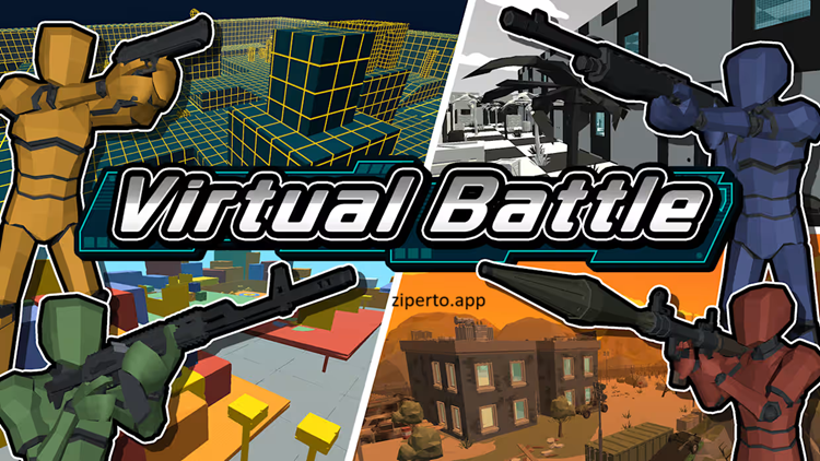 Virtual Battle 2026 showing colorful virtual arenas and survival battles against opponents.