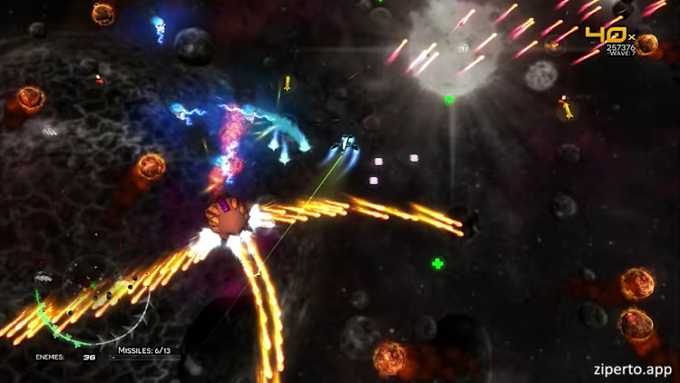 XenoRaptor 2026 featuring intense spaceship combat and colrful weapon effects.